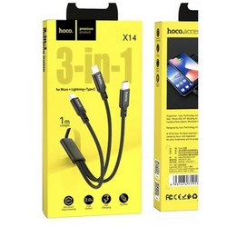 Дата-кабель USB 3в1 Hoco X14 micro USB + Type-C + Ligthning (1м) Черный